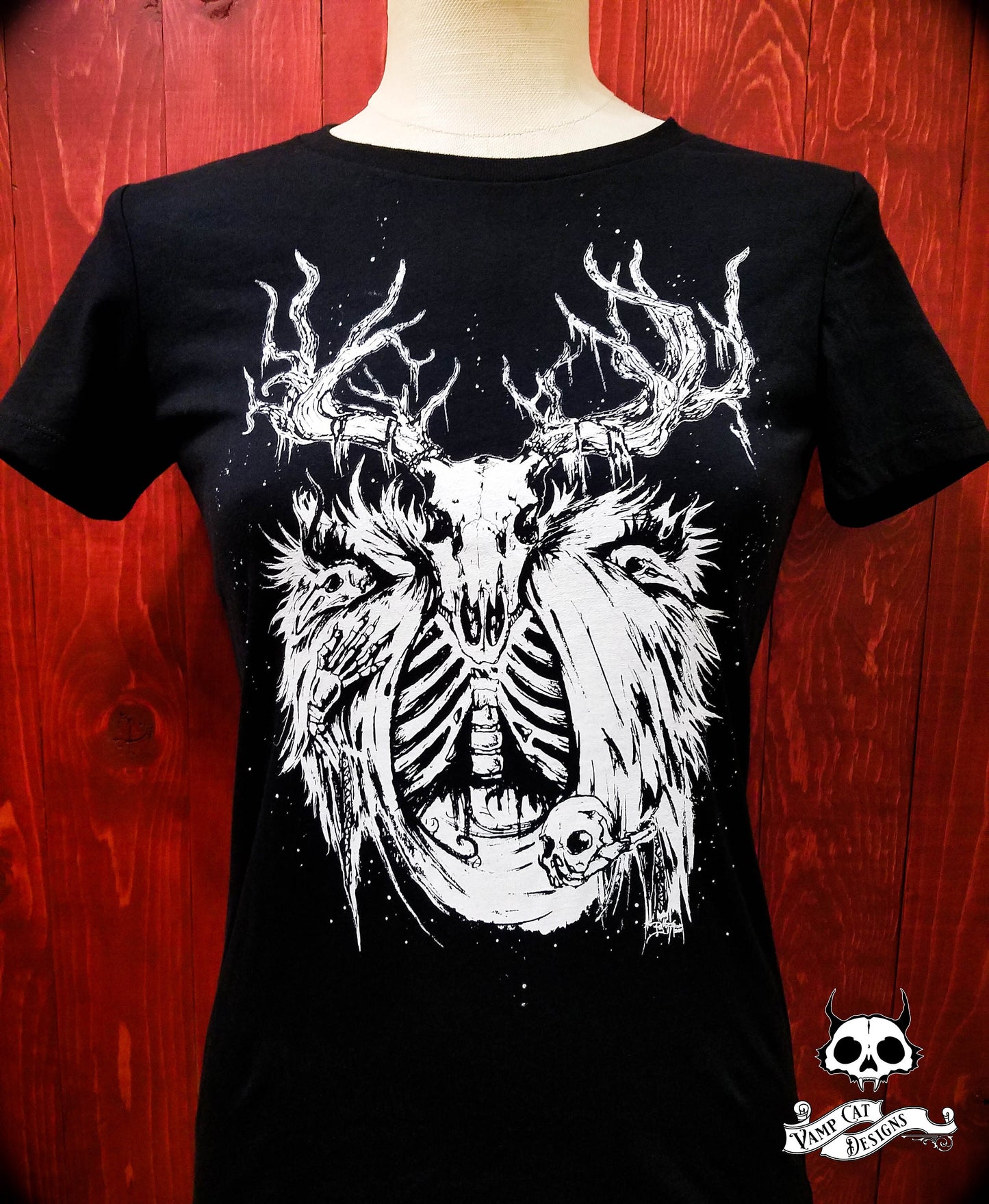 Necromancer-Women's Tee-Buck Skull-Illustration-Art T-shirt-Witchy-Dark Apparel-Occult Tees-Gothic Tee-Magic-Elks-Animal Skulls-Gothic Art