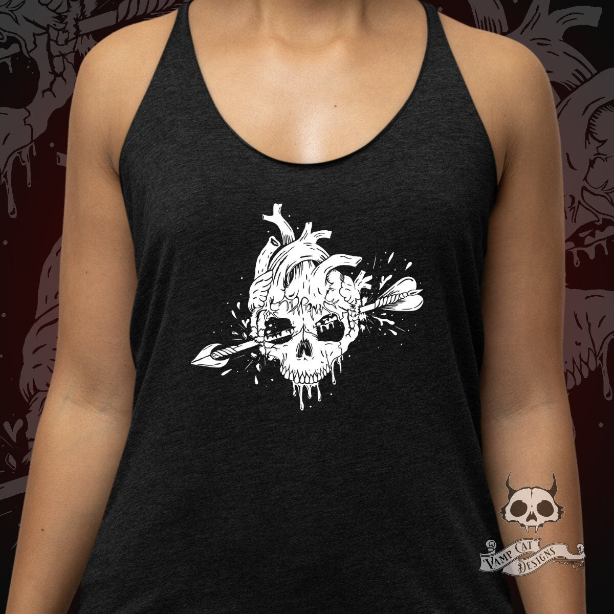 Anatomical Skull Heart Tank Top Racer Back-Gothic Love Graphic Tee-Bloody Heart-Skulls And Love-Arrow Through The Heart Shirt-Flowy Tank
