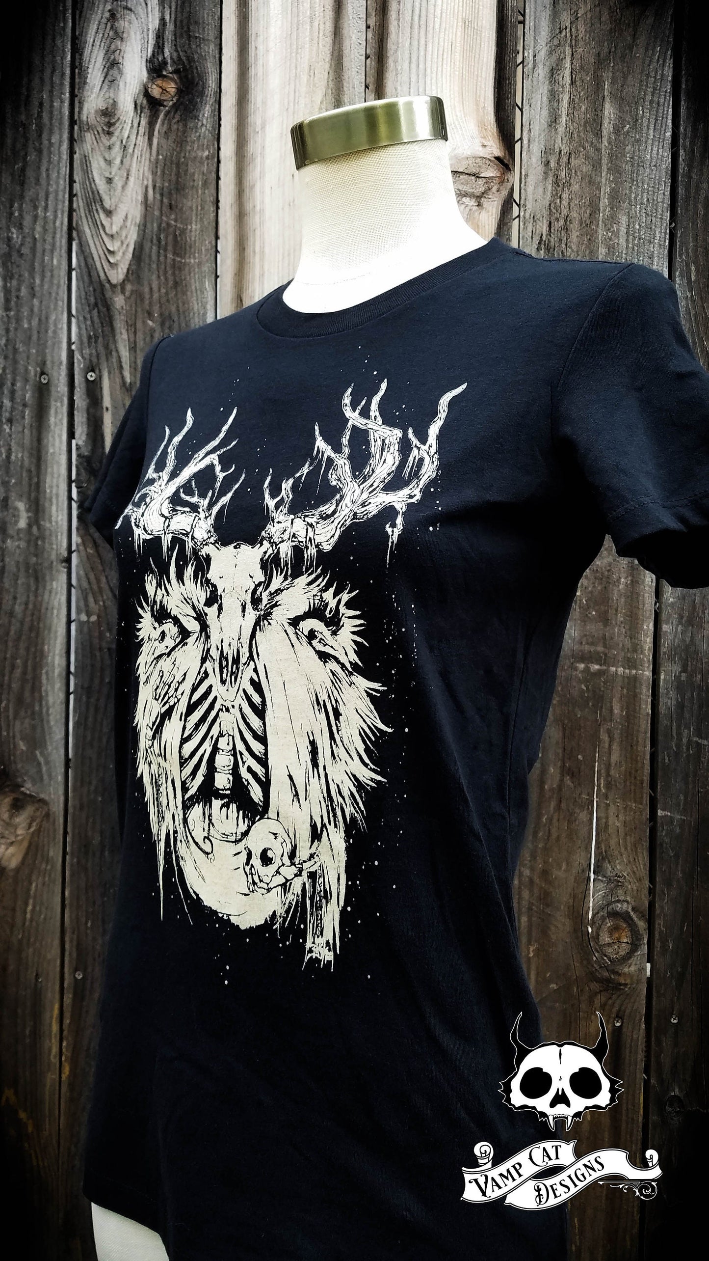 Necromancer-Women's Tee-Buck Skull-Illustration-Art T-shirt-Witchy-Dark Apparel-Occult Tees-Gothic Tee-Magic-Elks-Animal Skulls-Gothic Art