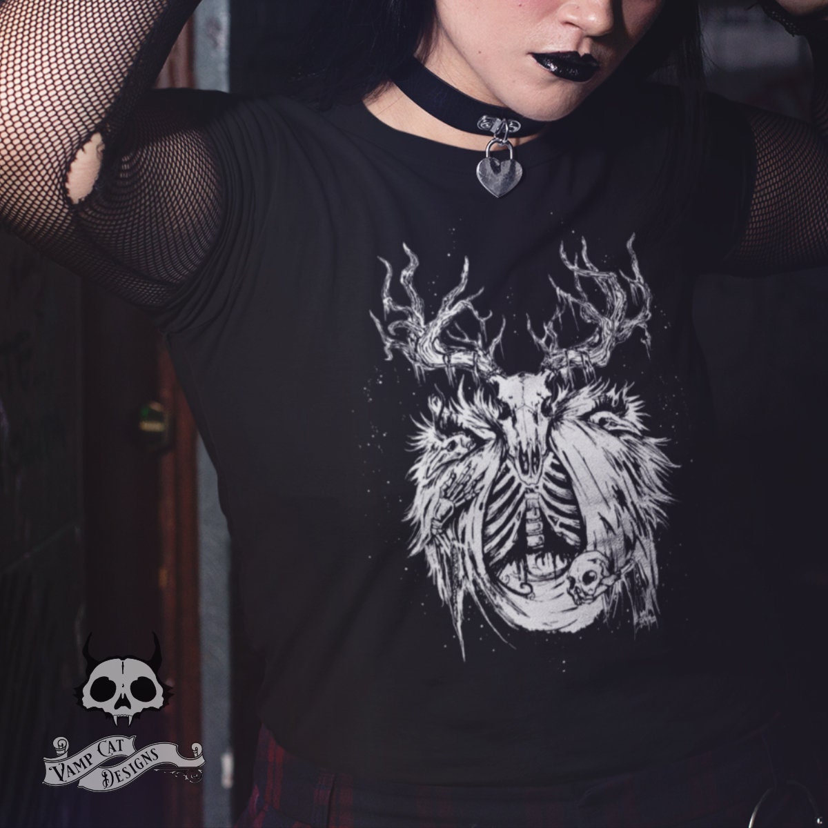 Necromancer-Women's Tee-Buck Skull-Illustration-Art T-shirt-Witchy-Dark Apparel-Occult Tees-Gothic Tee-Magic-Elks-Animal Skulls-Gothic Art