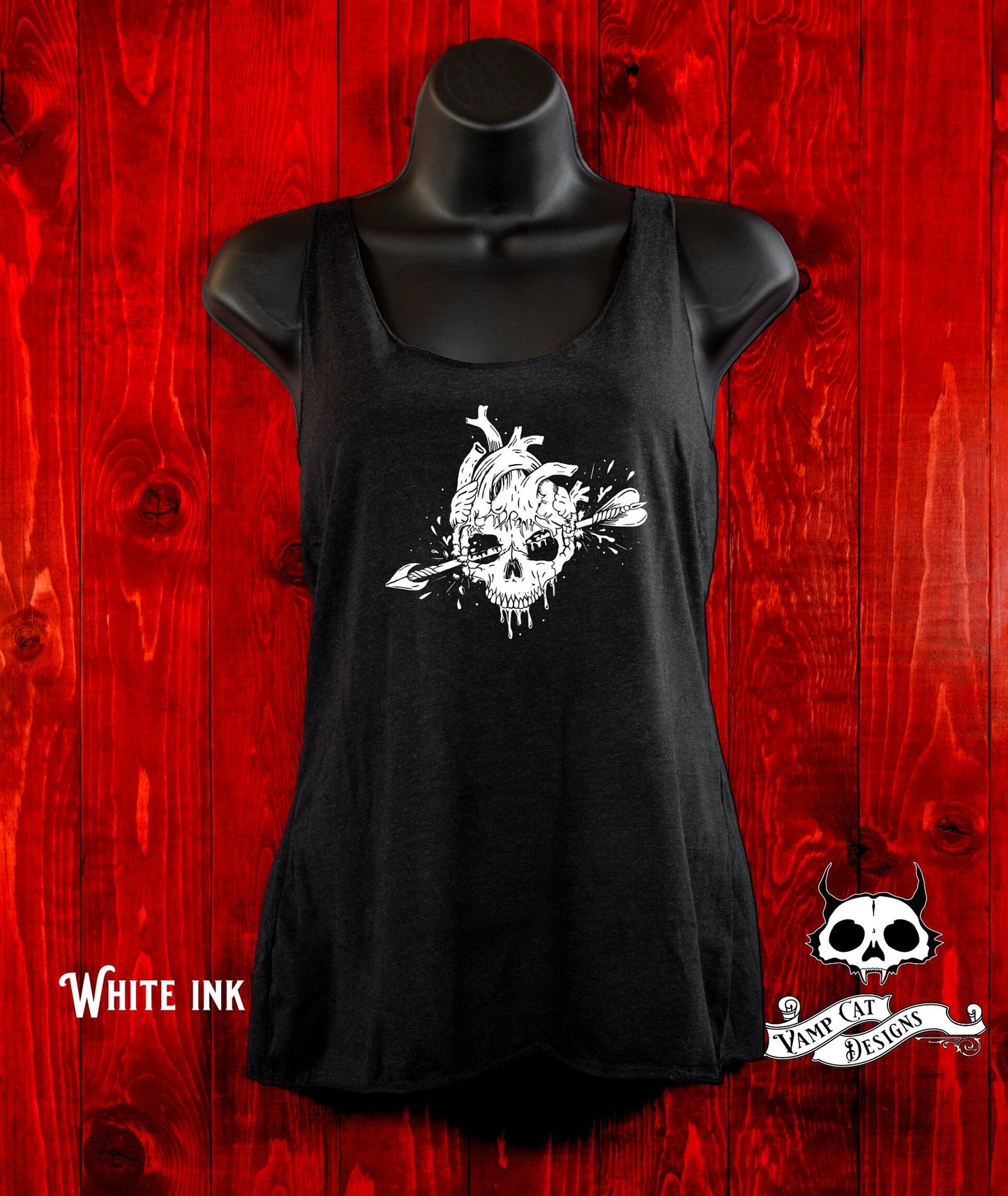 Anatomical Skull Heart Tank Top Racer Back-Gothic Love Graphic Tee-Bloody Heart-Skulls And Love-Arrow Through The Heart Shirt-Flowy Tank