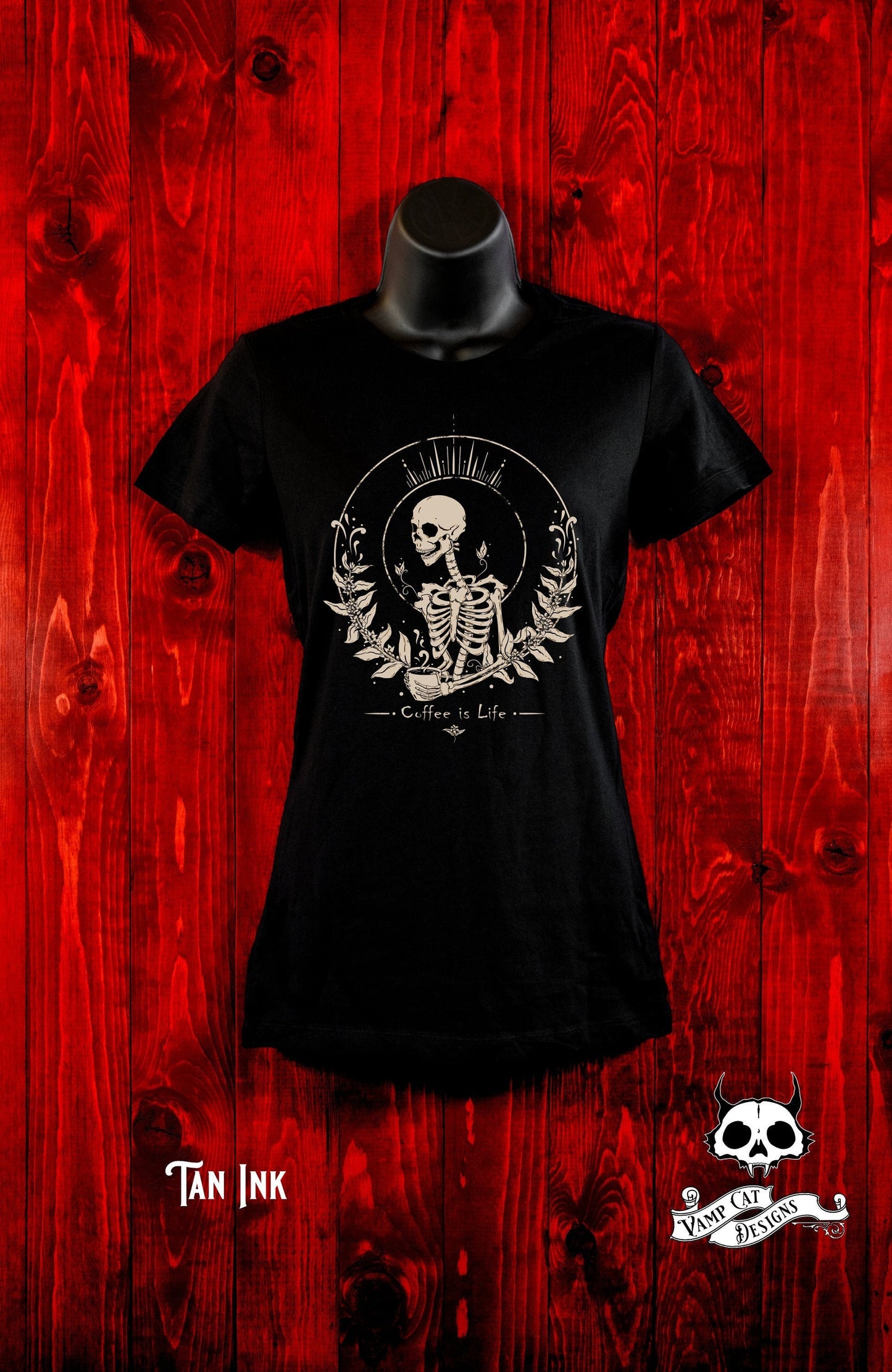 Coffee Is Life-Women's Tee-Coffee Lovers Fan Art-Dark Apparel-Skeleton Tee-Women's Top-Gothic Tee-Skulls and Coffee-Coffee Art Gifts