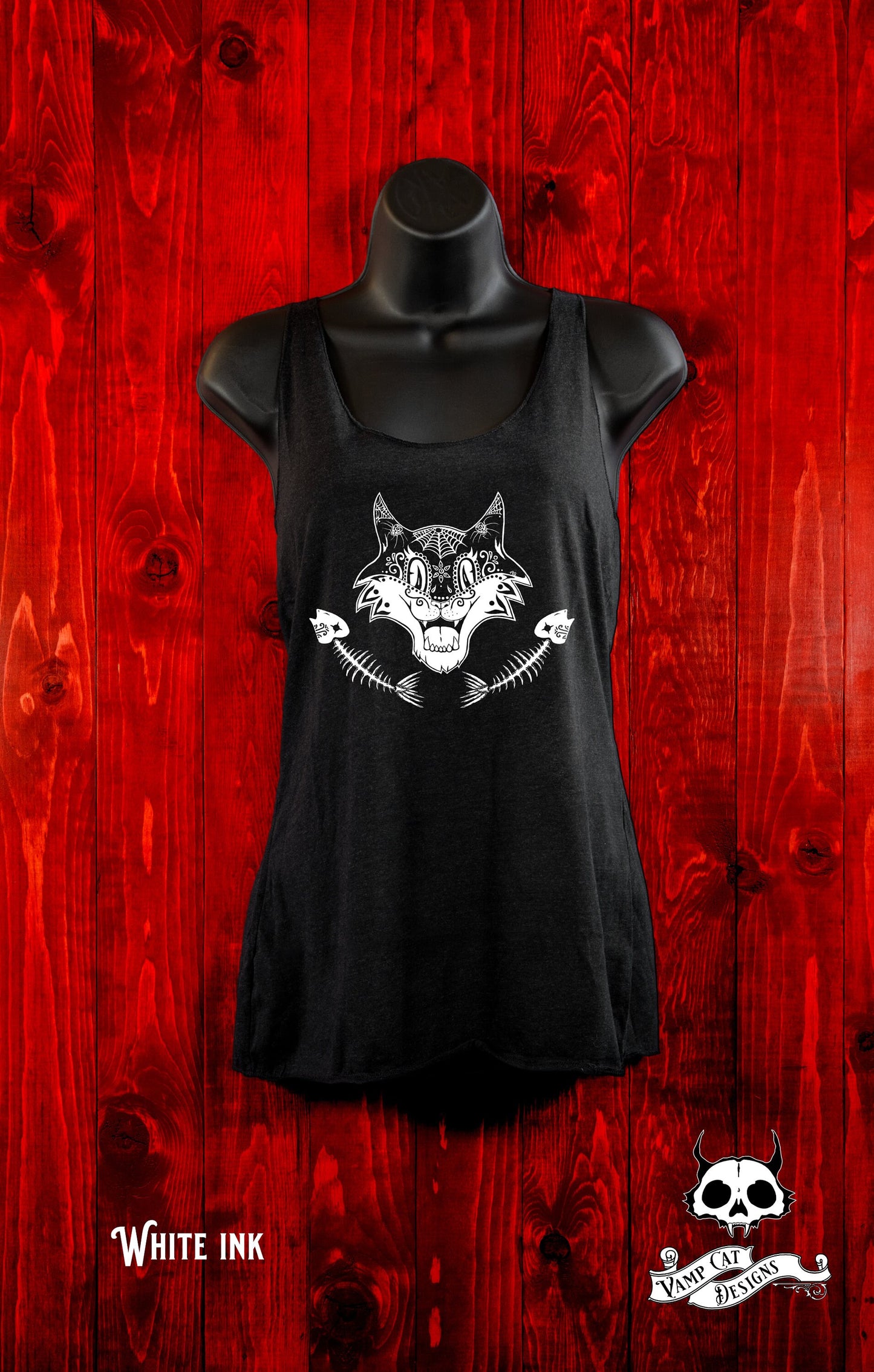 Vintage Cat and Fish Crossbones-Women's Tank Top-Mexican Art Designs-Dia De Los Muertos-Cat Apparel-Day of The Dead-Vintage Style Cat