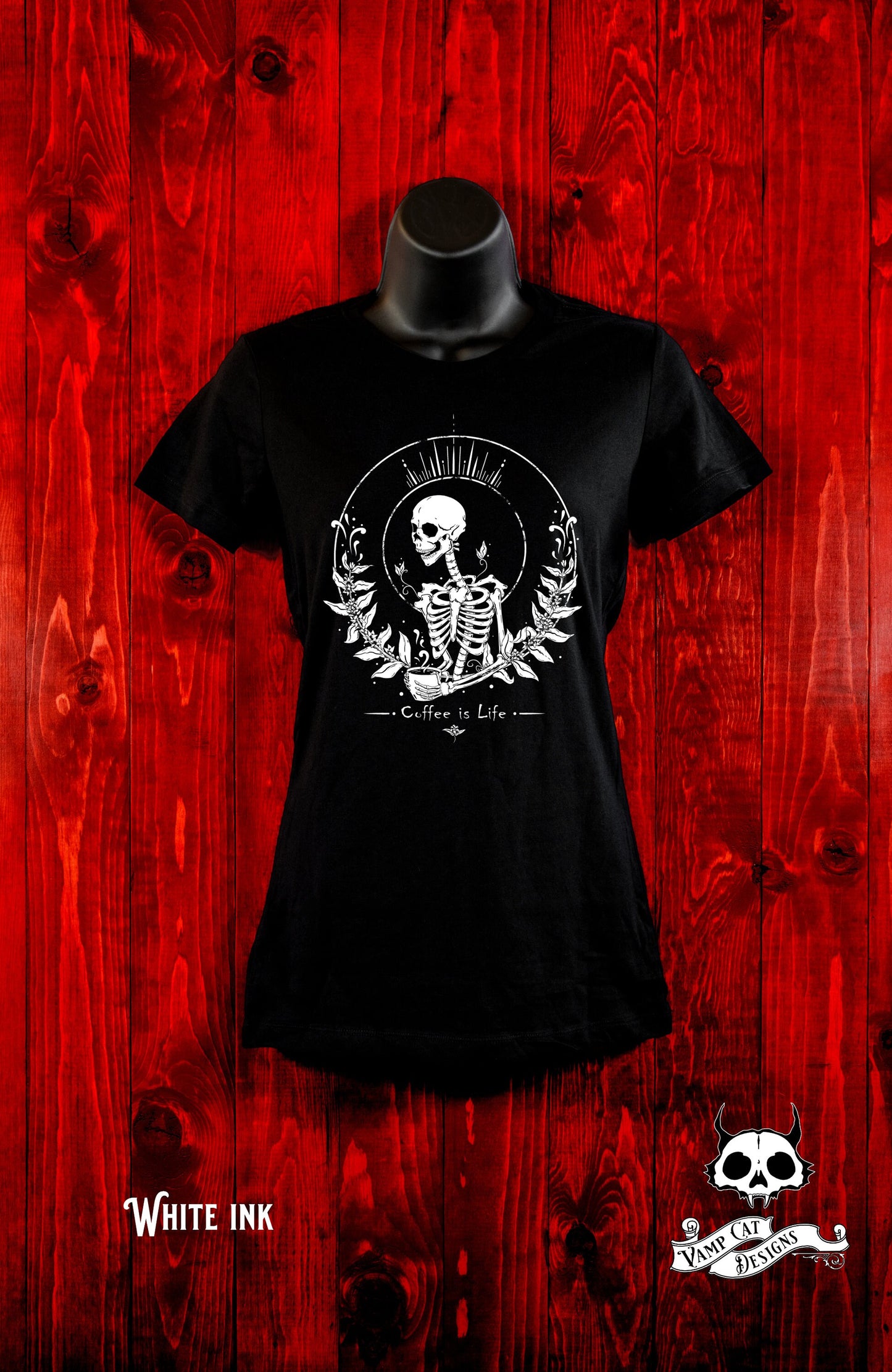 Coffee Is Life-Women's Tee-Coffee Lovers Fan Art-Dark Apparel-Skeleton Tee-Women's Top-Gothic Tee-Skulls and Coffee-Coffee Art Gifts