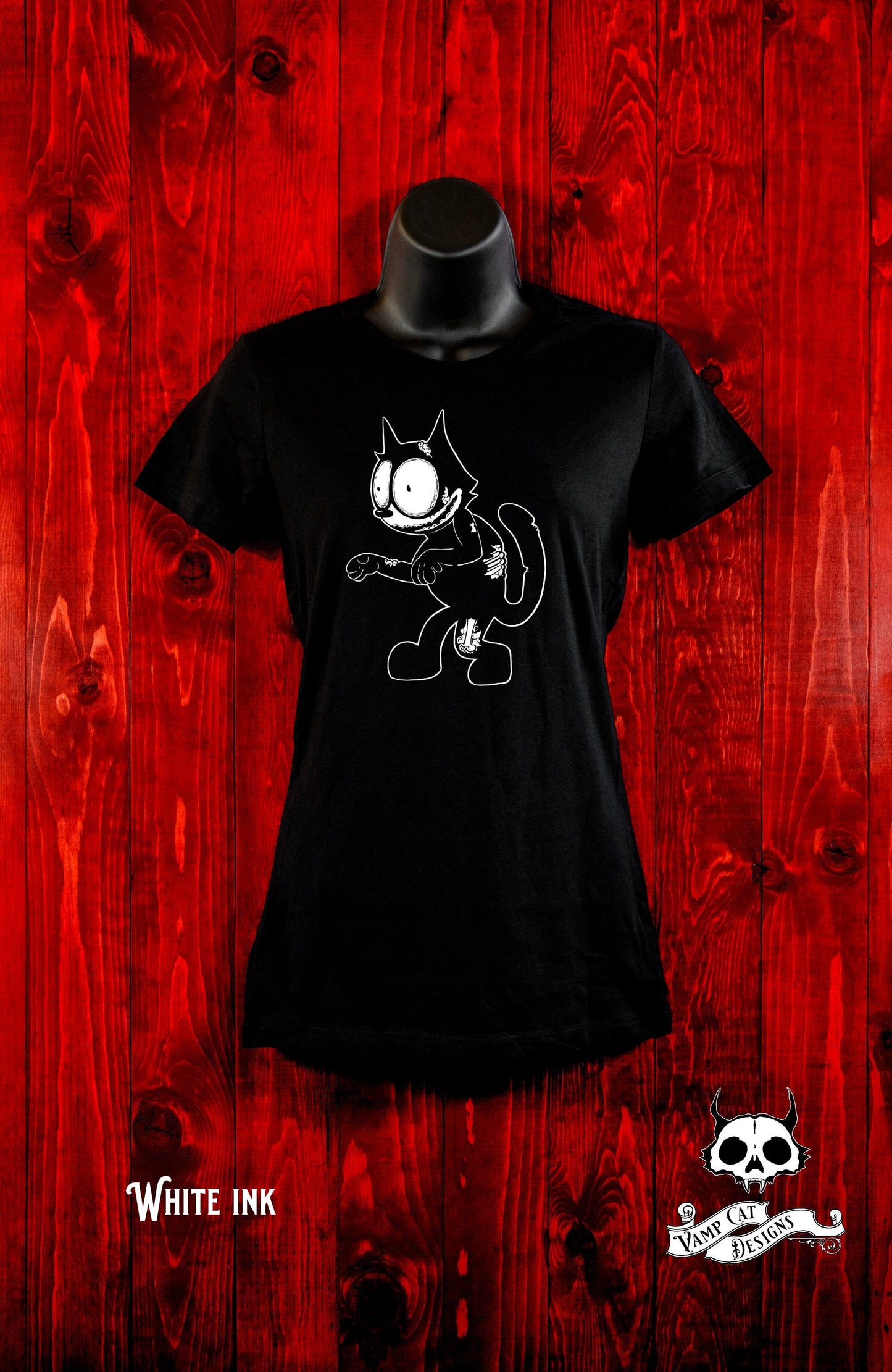 Zombie Felix-Women's Shirt-Felix The Cat Fan Art-Dark Apparel-Cat Lovers-Gothic Tee-Cat Shirt-Zombie Shirt-Vintage Cat Art-Zombie Cat Toon
