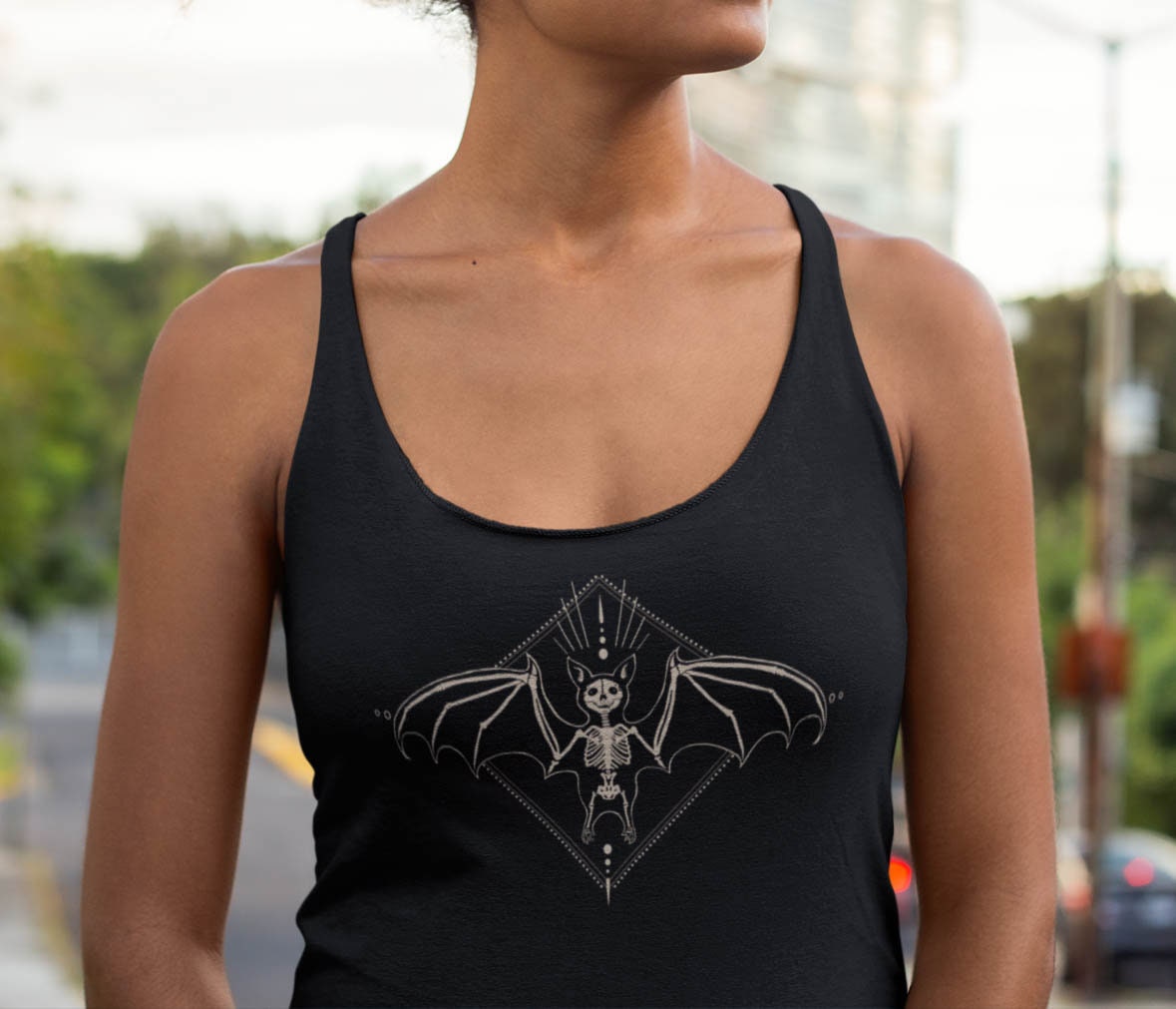 Skeleton Bat-Tank Top-Winged Creature Illustration-Halloween Tee-Witchy-Dark Apparel-Occult Tops-Women's Top-Gothic Top-Bats And Bones