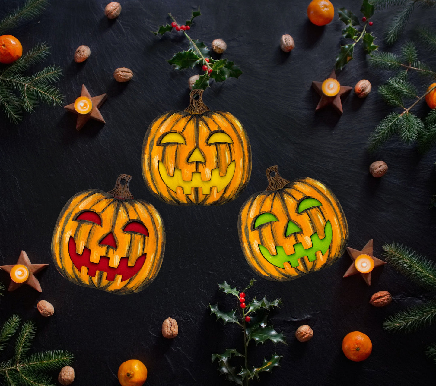 Happy Jack Hand Painted Wood Ornament-Creepmas Holiday Home Decor-Jack O' Lantern Ornament-Gothic Home-Two Layer-Three Color Options-Pumpkin