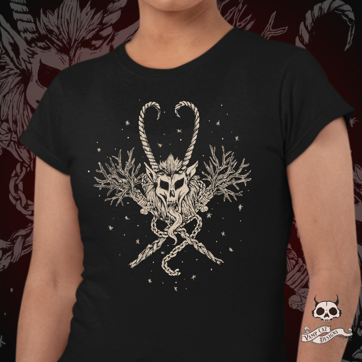 Krampus Women's T-Shirt-Krampus Skull Emblem-Creepmas-Dark Holiday Art-Devil-Horror Krampus-Christmas-Graphic Tee-Original Illustration