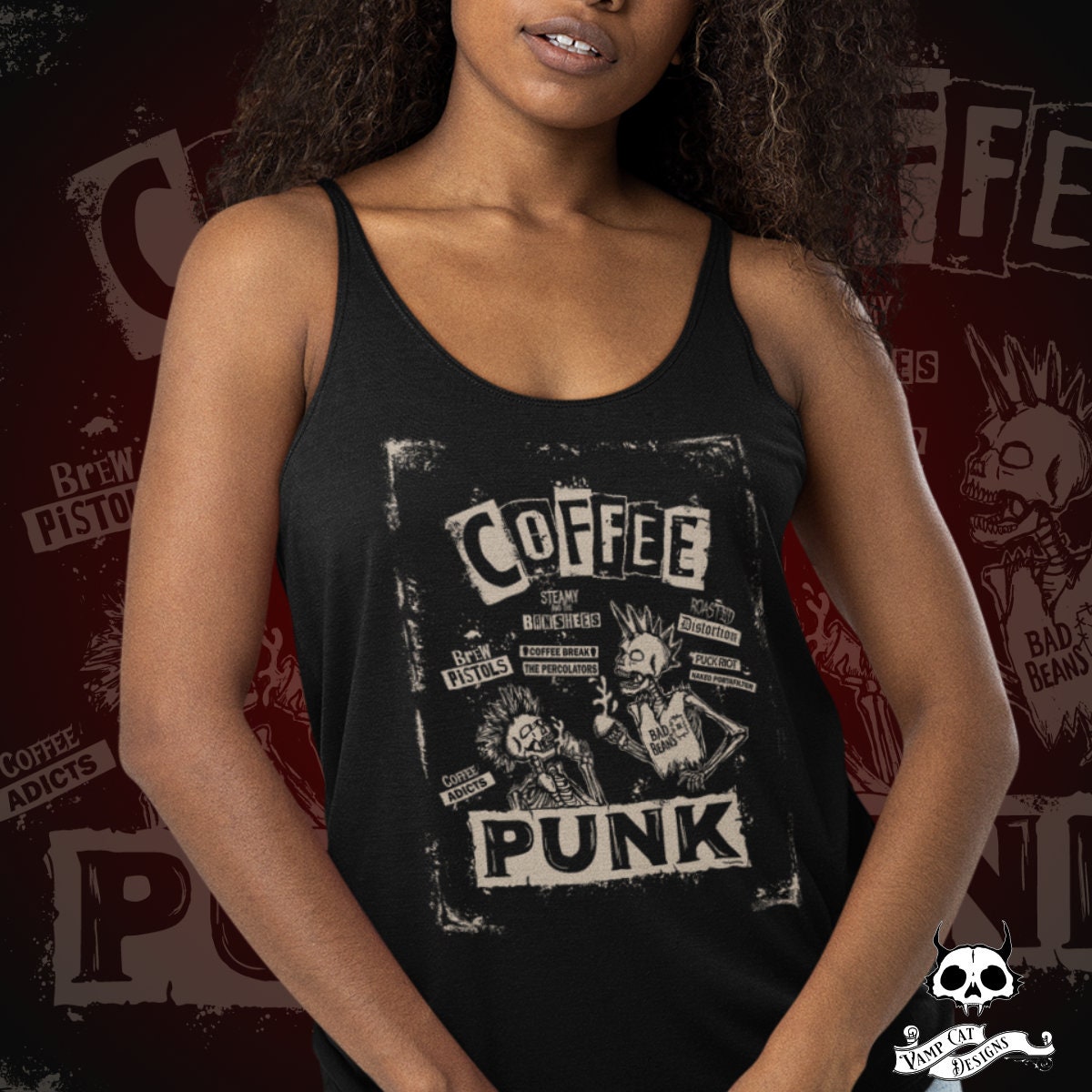 Coffee Punk Tank Top-Poster Style-Two color Options-Punk Rock Tee-Coffee Lovers Shirt-Band Puns Tee-Coffee Puns-Skeletons And Coffee Shirt