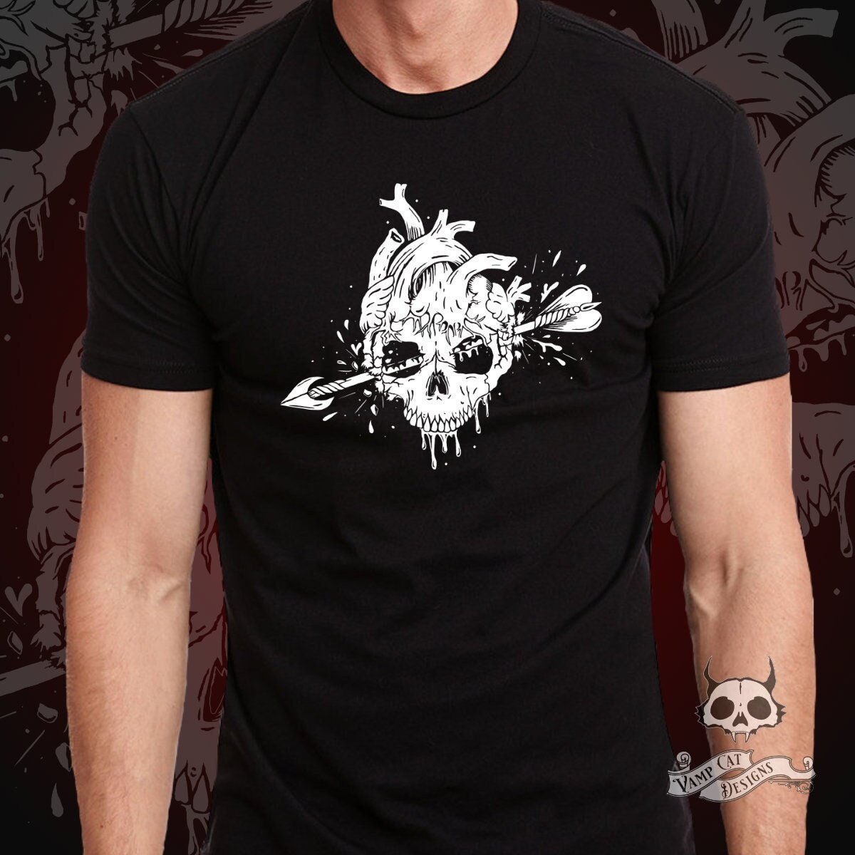 Anatomical Skull Heart T-shirt-Unisex And Women's Tees-Gothic Love Graphic Tee-Bloody Heart-Skulls And Love-Arrow Through The Heart Shirt