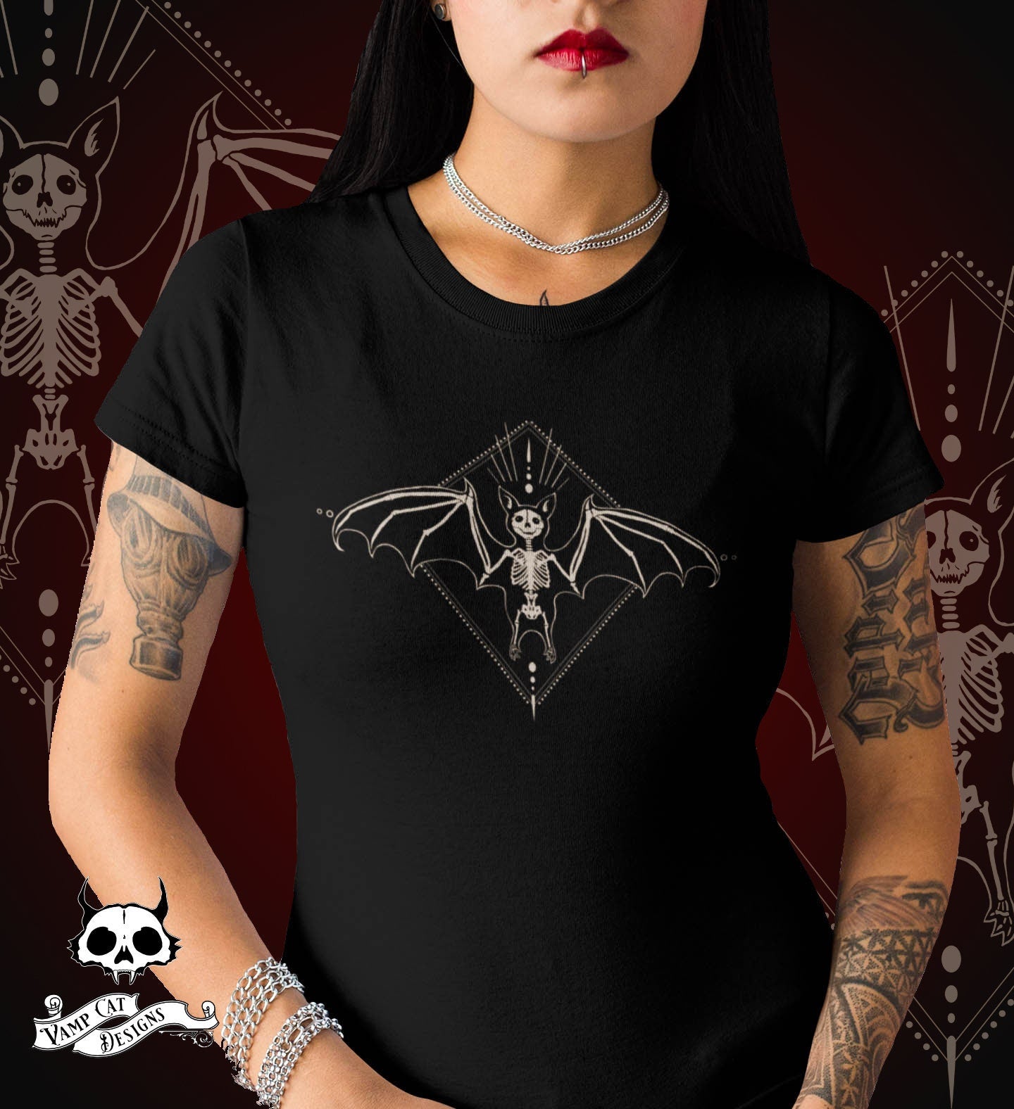 Skeleton Bat-Women's T-Shirt-Winged Creature Illustration-Halloween Tee-Witchy-Dark Apparel-Occult Top-Women's Top-Gothic Art-Bats And Bones