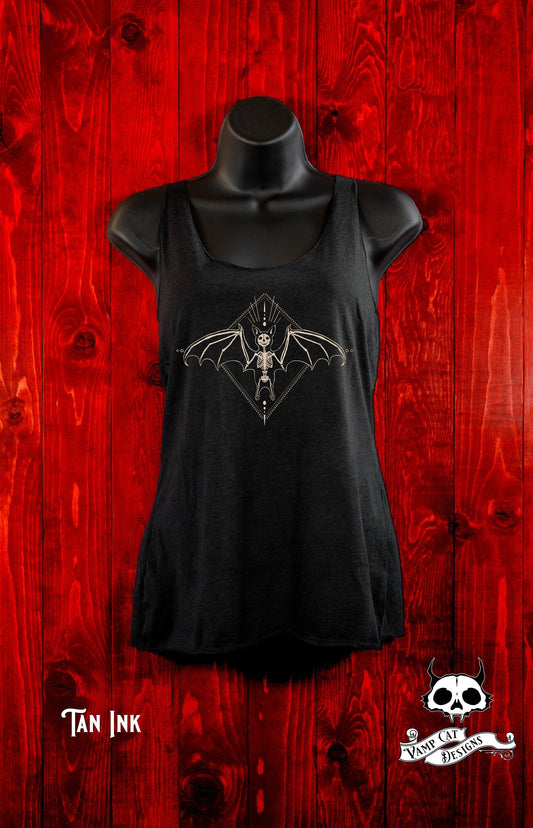 Skeleton Bat-Tank Top-Winged Creature Illustration-Halloween Tee-Witchy-Dark Apparel-Occult Tops-Women's Top-Gothic Top-Bats And Bones