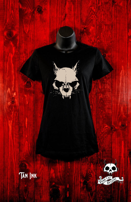 Skull Cat-Women's Tee-Dark Apparel-Cat Lover-Cats-Macabre-Cat Art-Evil Cat-Witchy-Cat Shirt-Cat Skull-Gifts For Her-Gothic Gifts-Rocker Tee