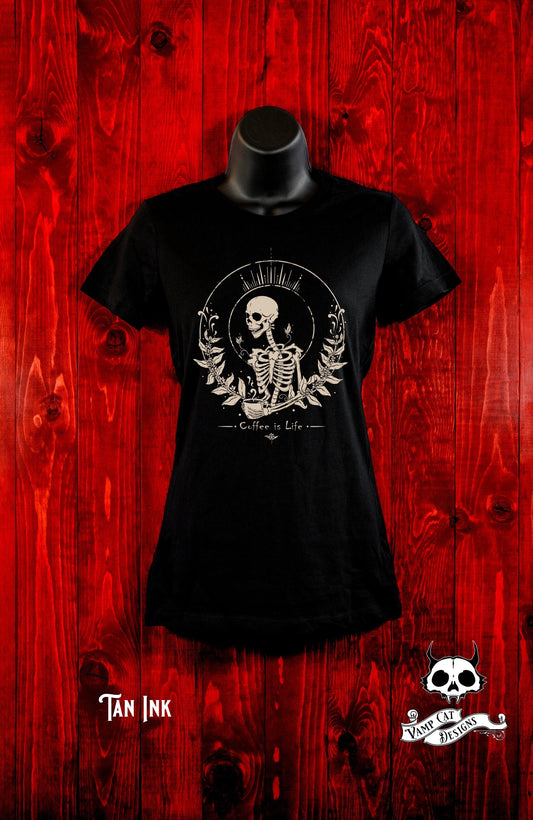 Coffee Is Life-Women's Tee-Coffee Lovers Fan Art-Dark Apparel-Skeleton Tee-Women's Top-Gothic Tee-Skulls and Coffee-Coffee Art Gifts