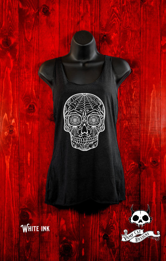 Spider Sugar Skull-Tank Top-Racer Back-Calaveras-Skull Illustration-Flowy Tank-Day of The Dead-Skull Tank Top-Arachnid Lovers