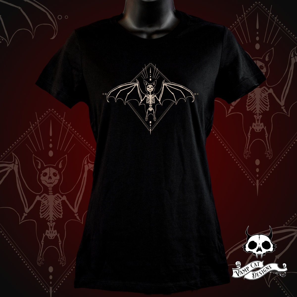 Skeleton Bat-Women's T-Shirt-Winged Creature Illustration-Halloween Tee-Witchy-Dark Apparel-Occult Top-Women's Top-Gothic Art-Bats And Bones
