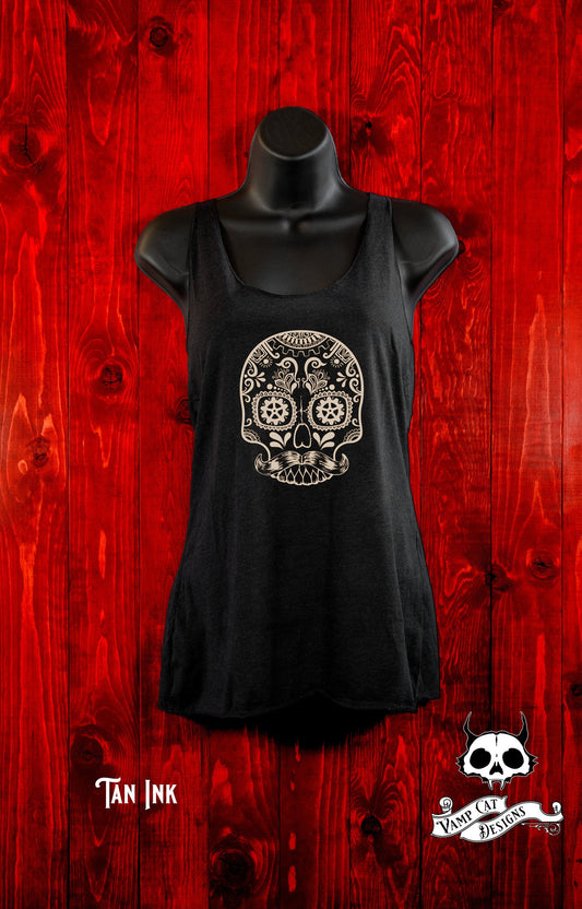 Sugar Skull-Mustache Steampunk-Tank Top-Racer Back-Steampunk Skull-Illustration-Flowy Tank-Day of The Dead-Skull Tank Top