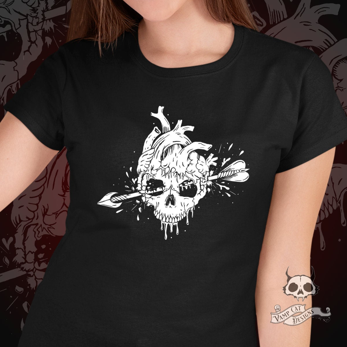 Anatomical Skull Heart T-shirt-Unisex And Women's Tees-Gothic Love Graphic Tee-Bloody Heart-Skulls And Love-Arrow Through The Heart Shirt