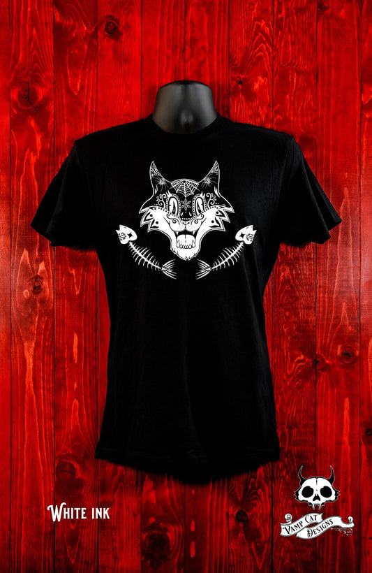 Vintage Cat & Fish Crossbones-Dia De Los Muertos-Unisex Jersey Tee-Men and Women's Tee-Cat Apparel-Day of The Dead-Cat Art-Vintage Style Cat