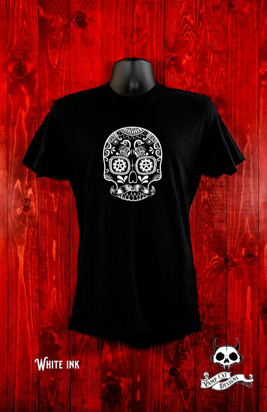 Steampunk Mustache Sugar Skull-Dia De Los Muertos-Unisex Jersey Tee-Men and Women's Tee-Calavera-Day of The Dead Skull Tee-Steampunk Style