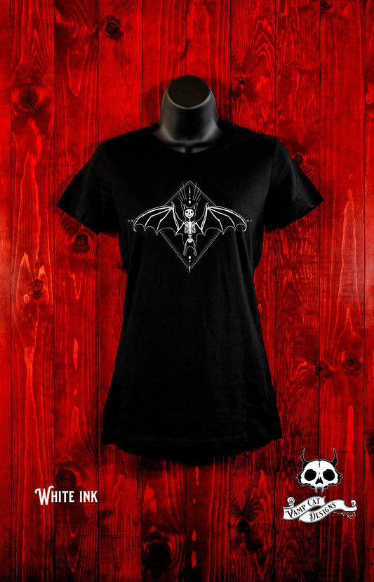 Skeleton Bat-Women's T-Shirt-Winged Creature Illustration-Halloween Tee-Witchy-Dark Apparel-Occult Top-Women's Top-Gothic Art-Bats And Bones