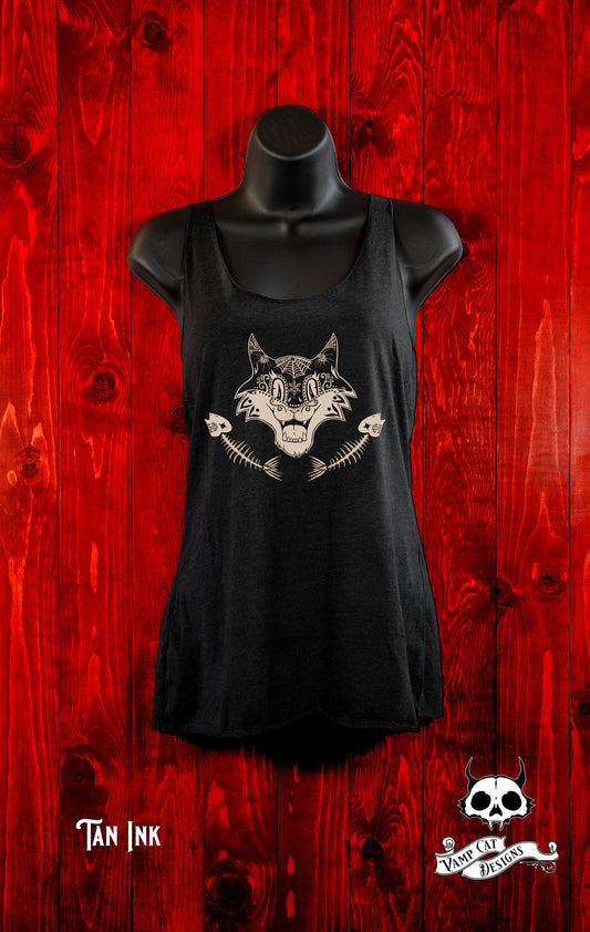 Vintage Cat and Fish Crossbones-Women's Tank Top-Mexican Art Designs-Dia De Los Muertos-Cat Apparel-Day of The Dead-Vintage Style Cat