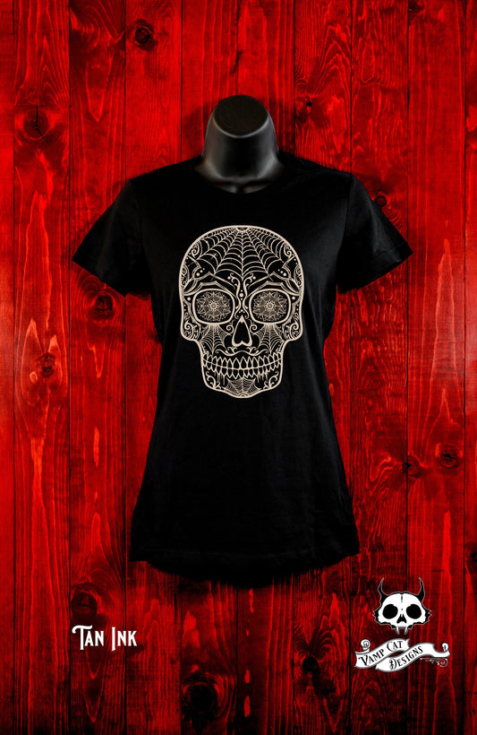 Day of The Dead Skull Shirt-Spider Sugar Skull-Women's Tee-Calavera-Arachnid lovers-Large Skull Design-Sugar Skull Shirt-Calavera Art
