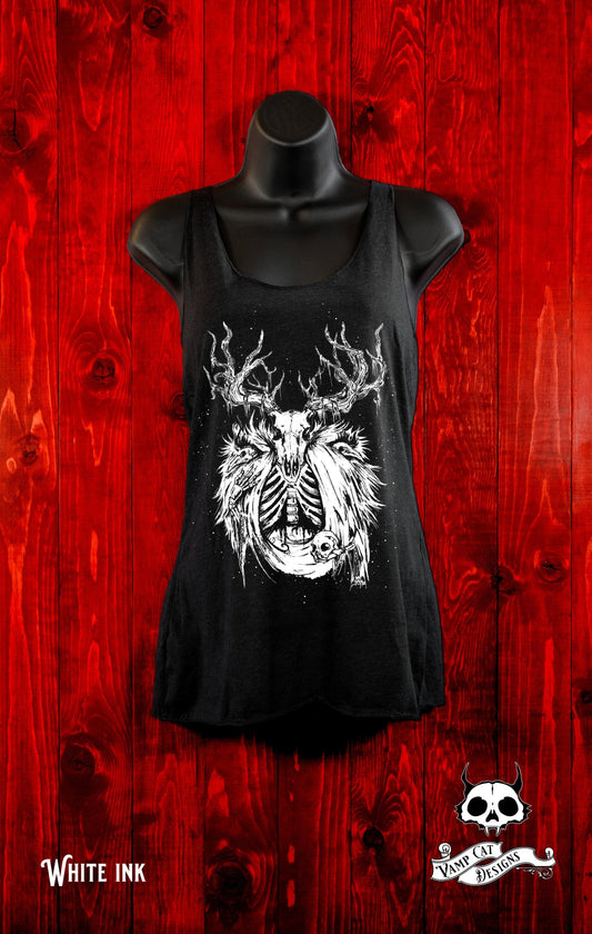 Necromancer-Tank Top-Racer Back-Buck Skull-Illustration-Tee-Witchy-Dark Apparel-Occult Tops-Women's Top-Gothic Tee-Magic Elk-Animal Skulls