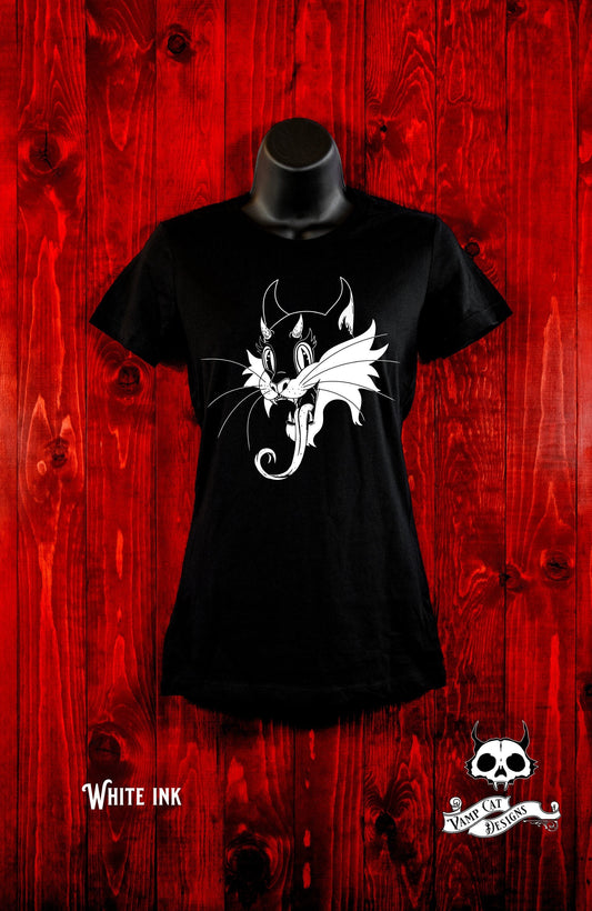 Mewcifer Women's Tee Devil Cat-Vintage Style-Dark Apparel-Cat Lovers-Gothic Tee-Cat Shirt-Devil Cat Art-Vintage Cat Art-Lucifer Shirt