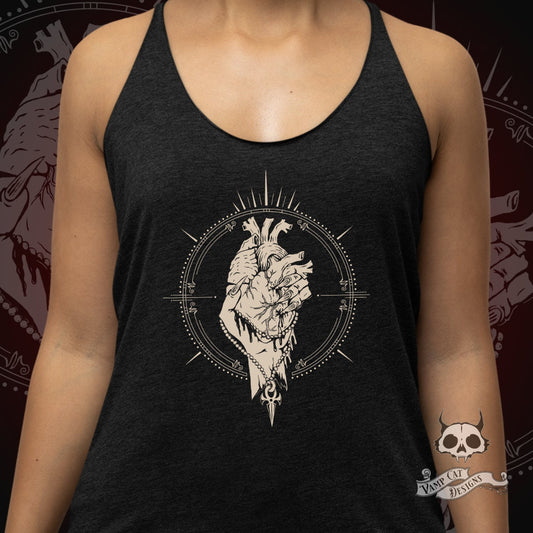 Vampire's Heart Tank Top Racer Back-Vampire Love Graphic Tee-Bloody Heart Emblem-Hand Holding Heart Shirt-Vampire Art-Anatomical Vamp Heart
