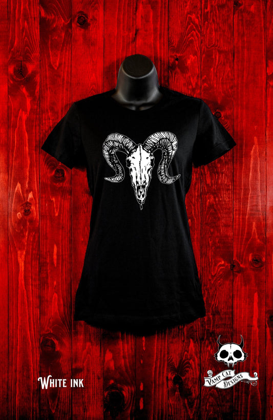 Dark Ram Skull-Women's Tee-Occult Apparel-Dark Illustration-Ram Skull-Silkscreen Tee-Witchy Gifts-Gifts For Her-Animal Skulls-Gothic Shirt