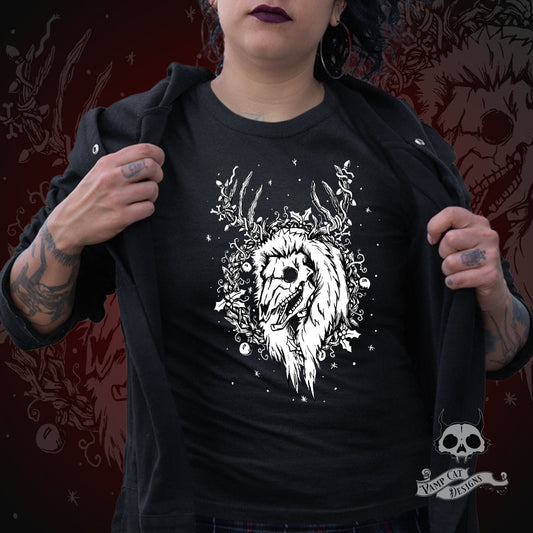 Yule Skull Deer T-shirt-Women's-Witchy Christmas-Animal Skull Art-Christmas Shirt-Graphic Tee-Dark Holiday-Buck Skulls-Original Illustration