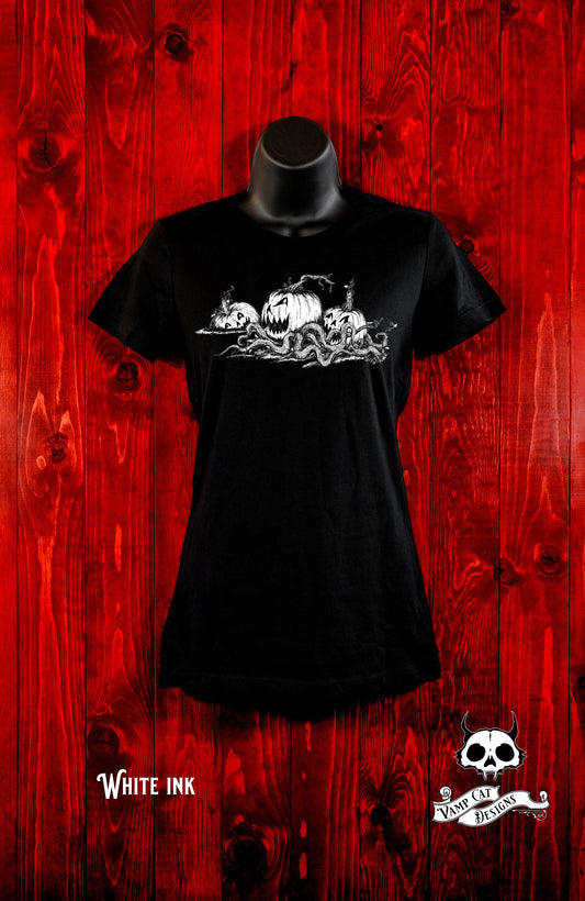 Jack O' Lanterns Alive-Women's Tee-Pumpkin Art-Dark Apparel-Halloween Tee-Gothic Tee-Scary Jack O' Lanterns-Halloween Art