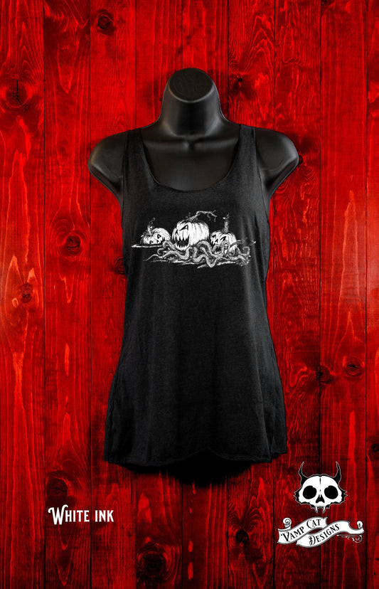 Jack O' Lanterns Alive-Tank Top-Halloween Illustration-Halloween Art-Flowy Tank-Jack O' Lanterns Tee-Scary Pumpkin Season-Racer Back Tee