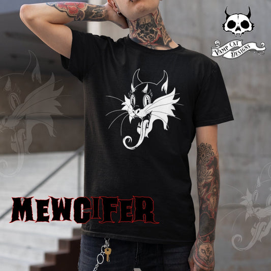 Mewcifer-Unisex Tee-Devil Cat-Dark Apparel-Vintage Style Cat Tee-Men and Women's Tee-Gothic Tee-Devil Cat Art-Cat Lovers
