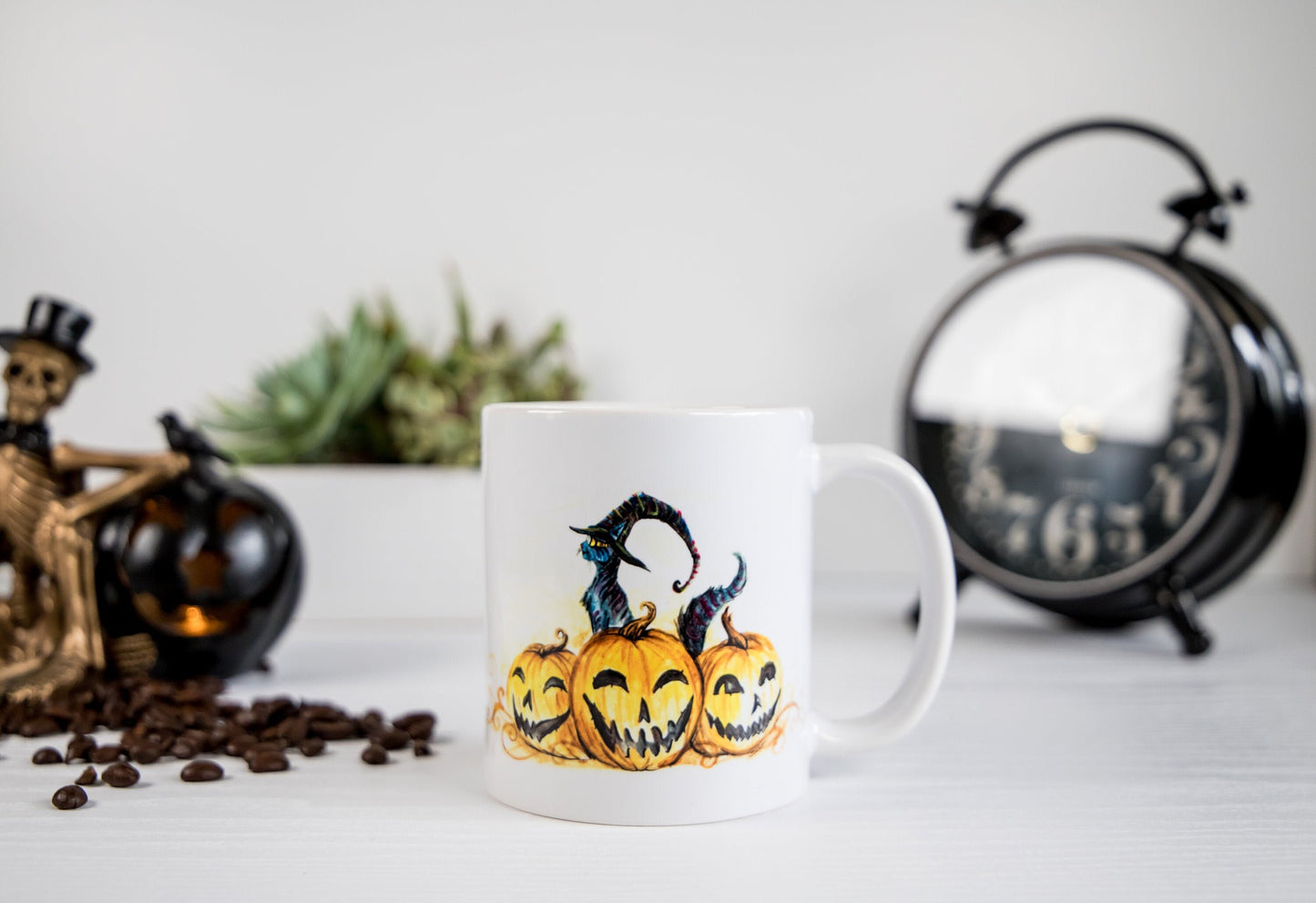 Halloween Mug-Steampunk Cat & Jack O' Lanterns Mug-Ceramic Coffee Mug-11oz Coffee Cup-Coffee Lovers Gift-Cat Mug-Cat Lover Gifts-Witchy Cats