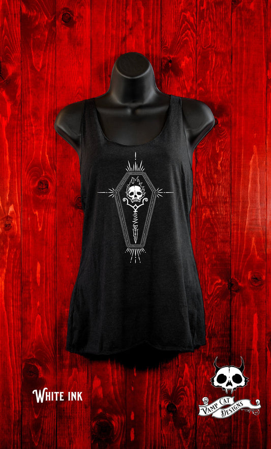 Eternal Flame-Tank Top-Racer Back-Coffin-Dark Apparel-Occult Art-Women's Tee-Gothic Tee-Macabre Art-Skull Shirt-Cryptic Art Shirt