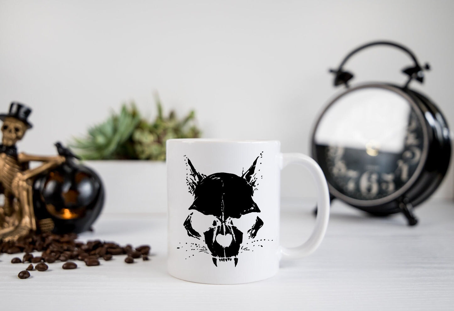 Skull Cat Mug-Black Print-Original Art-Coffee Mugs-Ceramic Coffee Cup-Animal Skull Mug-Animal Bones Art-11 oz-Gothic Cat Mug