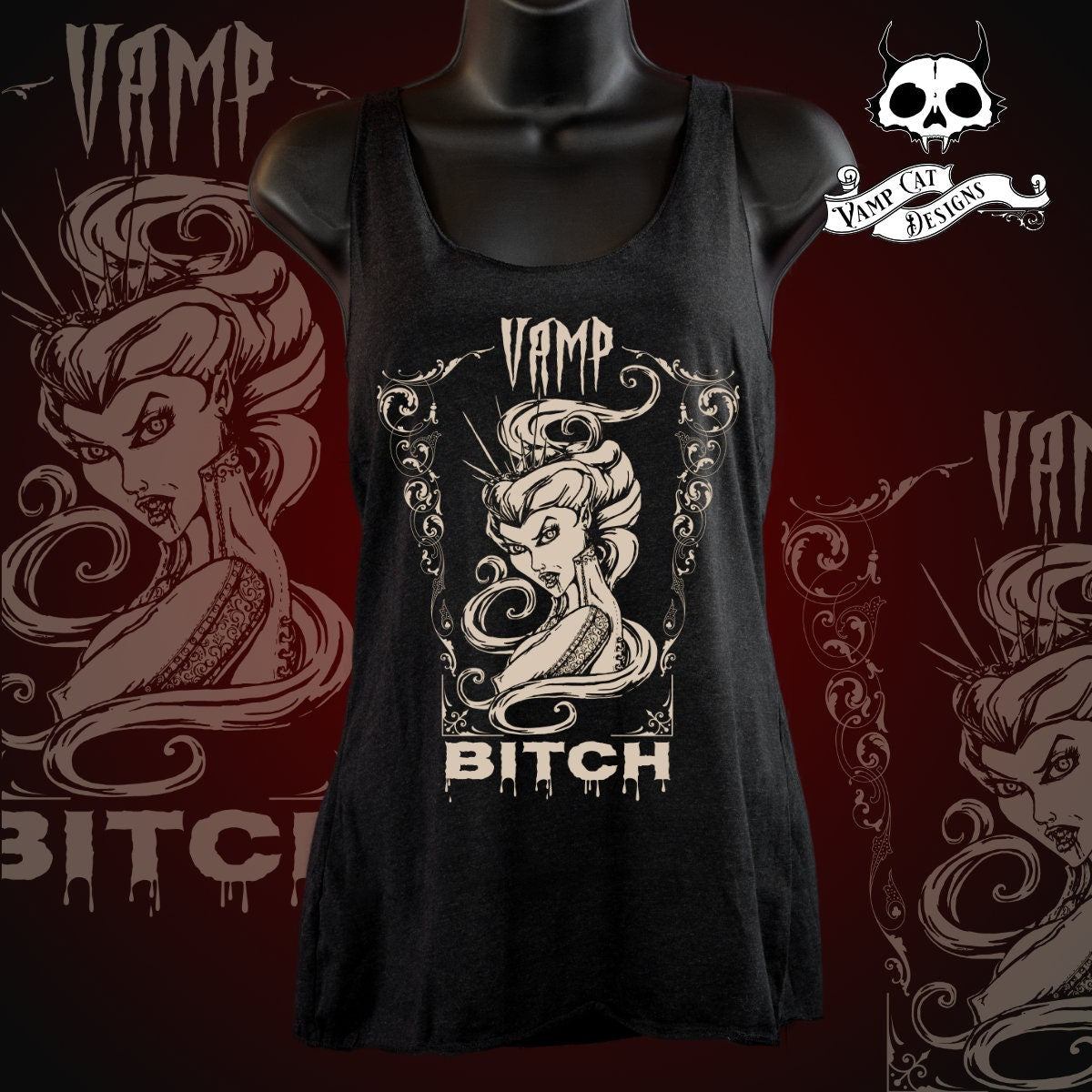 Vamp Bitch-Tank Top-Racer Back-Vampire Illustration-Witchy-Dark Apparel-Dark Humor-Women's Top-Gothic Art-Vampire Tank Top