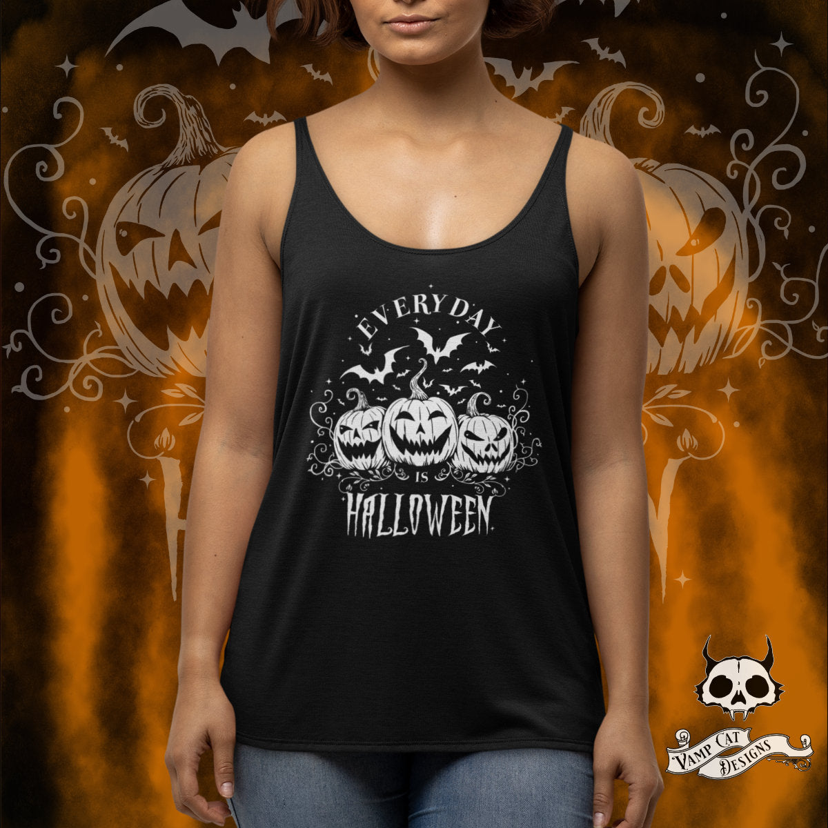 Everyday Is Halloween-Tank Top-Racer Back-Jack O' Lanterns And Bats-Halloween Shirt-Witchy-Halloween Apparel-Women's Top-Gothic