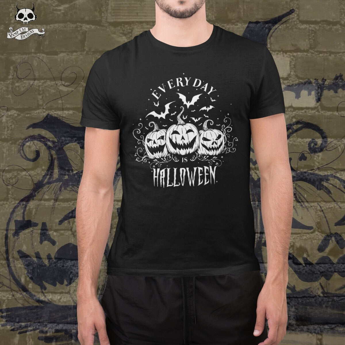 Everyday Is Halloween-Unisex Jersey Tee-Halloween Art Apparel-Halloween Tee-Men and Women-Gothic-Jack O' Lanterns And Bats T-Shirt