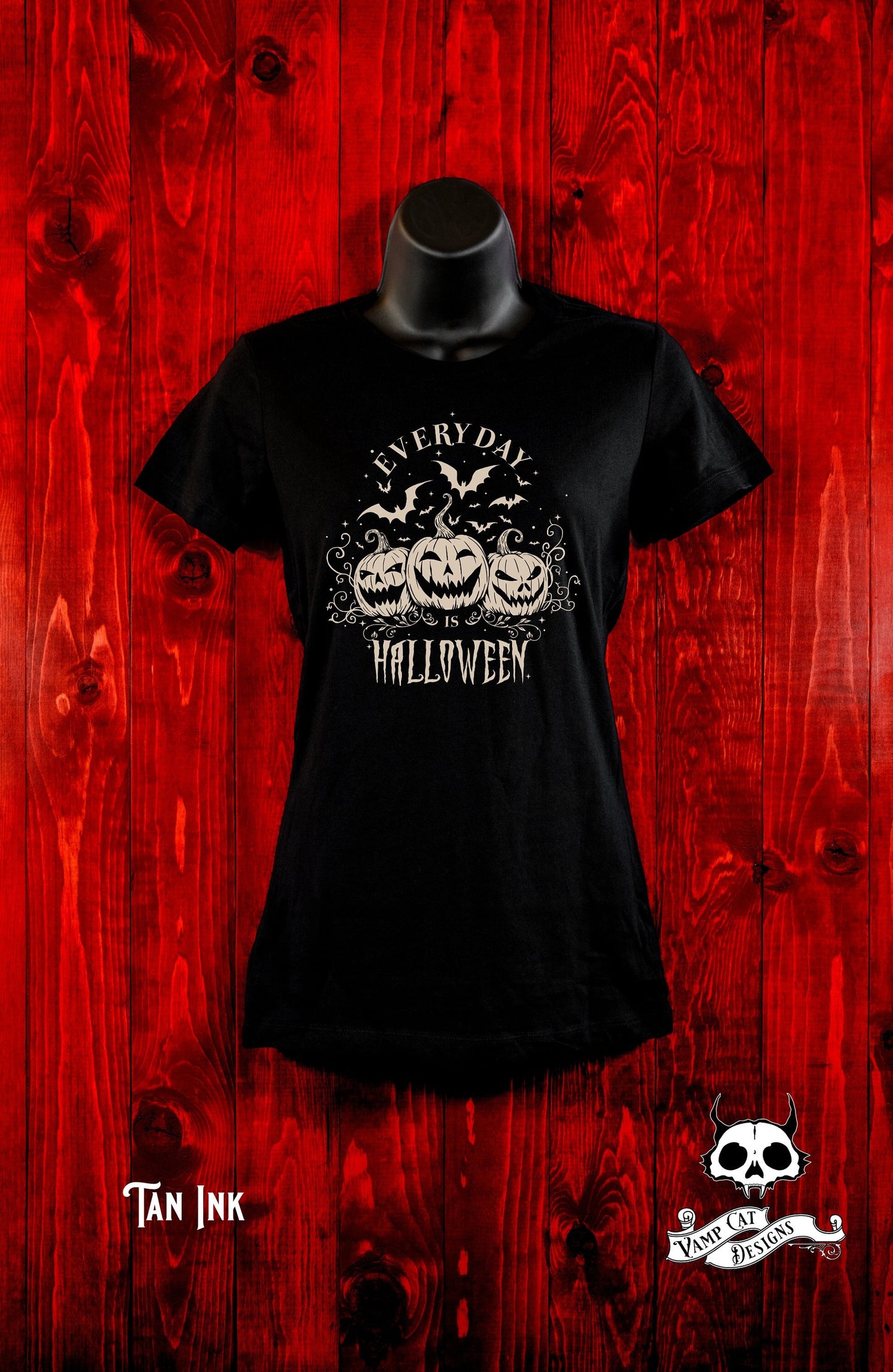 Everyday Is Halloween-Women's T-Shirt-Halloween Art-Halloween Apparel-Witchy-Gothic-Jack O' Lantern Graphic Tee-Bats And Jack O' Lanterns