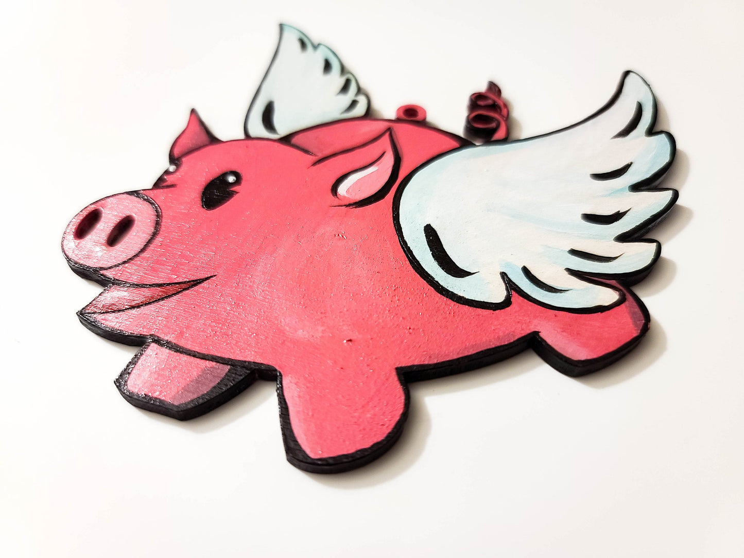 Retro Flying Pig-Hand Painted Wood Ornament-Rubberhose Style-Spooky Holiday Decor-Vintage Cartoon Style Ornament-Pig Ornament-Retro Decor