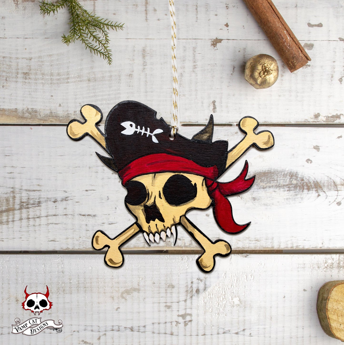 Pirate Vampire Cat Skull And Crossbones-Hand Painted Wood Ornament-Dark Holiday Decor-Gothic Home Decor-Pirate Ornaments-Cat Ornaments