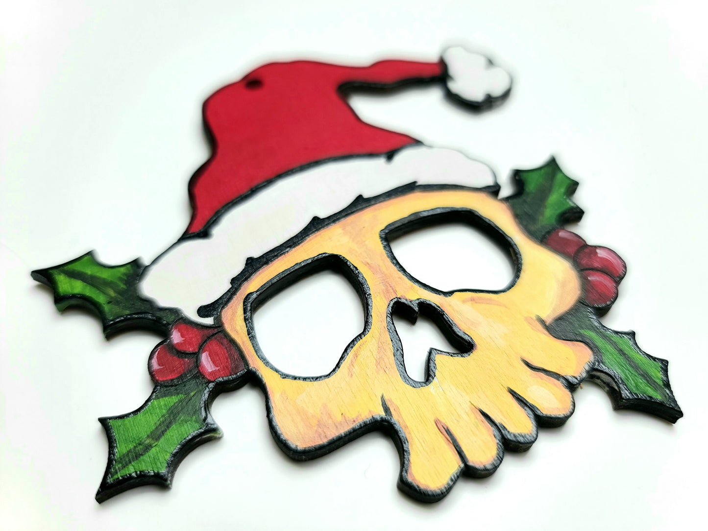 Holly Skull With Santa Hat-Hand Painted Wood Ornament-Dark Holiday Decor-Gothic Christmas-Painted Skull Ornament-Gothic Tree Decor-Skulls
