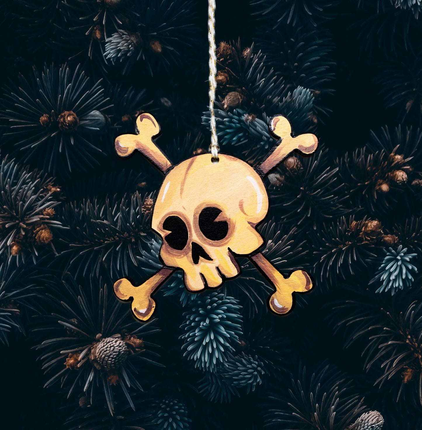 Rubber Hose Skull And Crossbones Ornament-Vintage Cartoon Skull-Hand Painted Wood Ornament-Dark Holiday Decor-Goth Christmas-Spooky Holiday