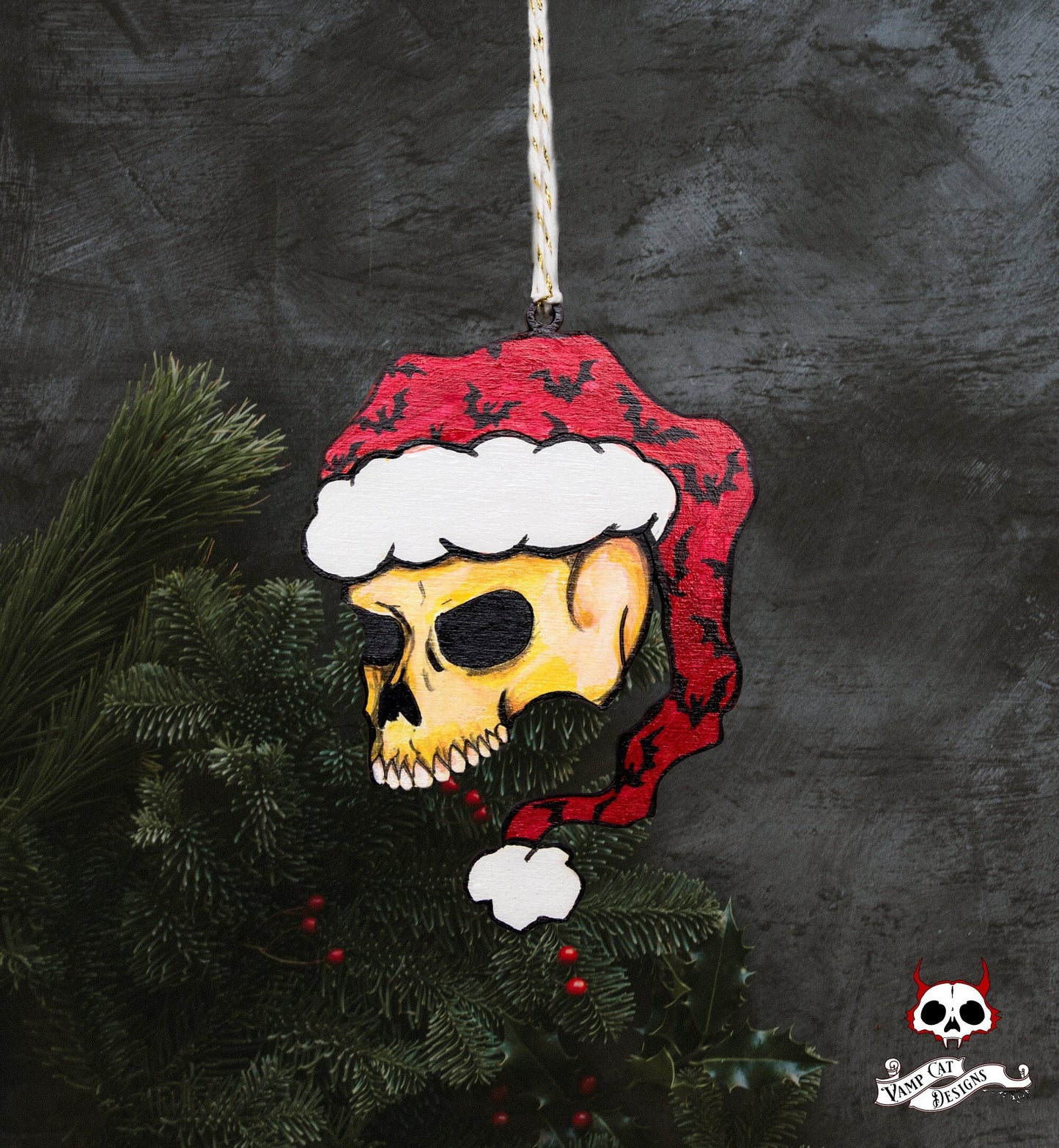 Skull With Santa Hat Bats-Hand Painted Wood Ornament-Dark Holiday Decor-Gothic Christmas-Gothic Ornament-Skull Ornament-Spooky Holiday