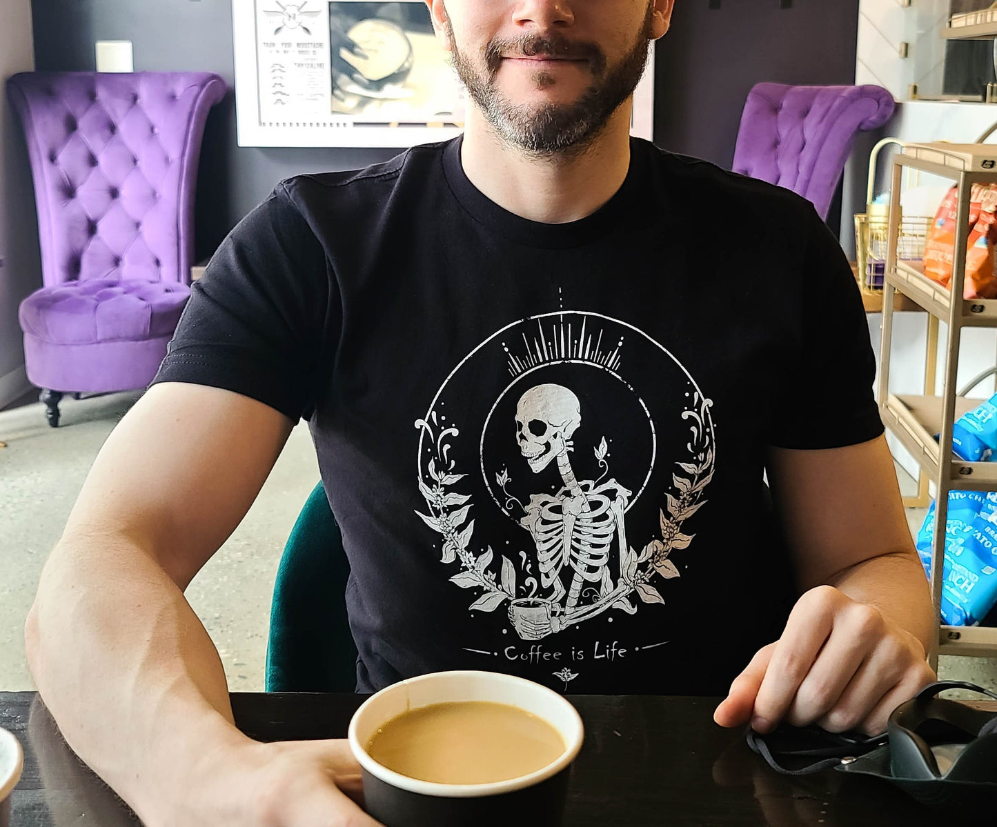 Coffee Is Life-Unisex Tee-Coffee Lovers Fan Art-Dark Apparel-Skeleton Tee-Men and Women's Tee-Gothic Tee-Skulls and Coffee-Coffee Art Gifts