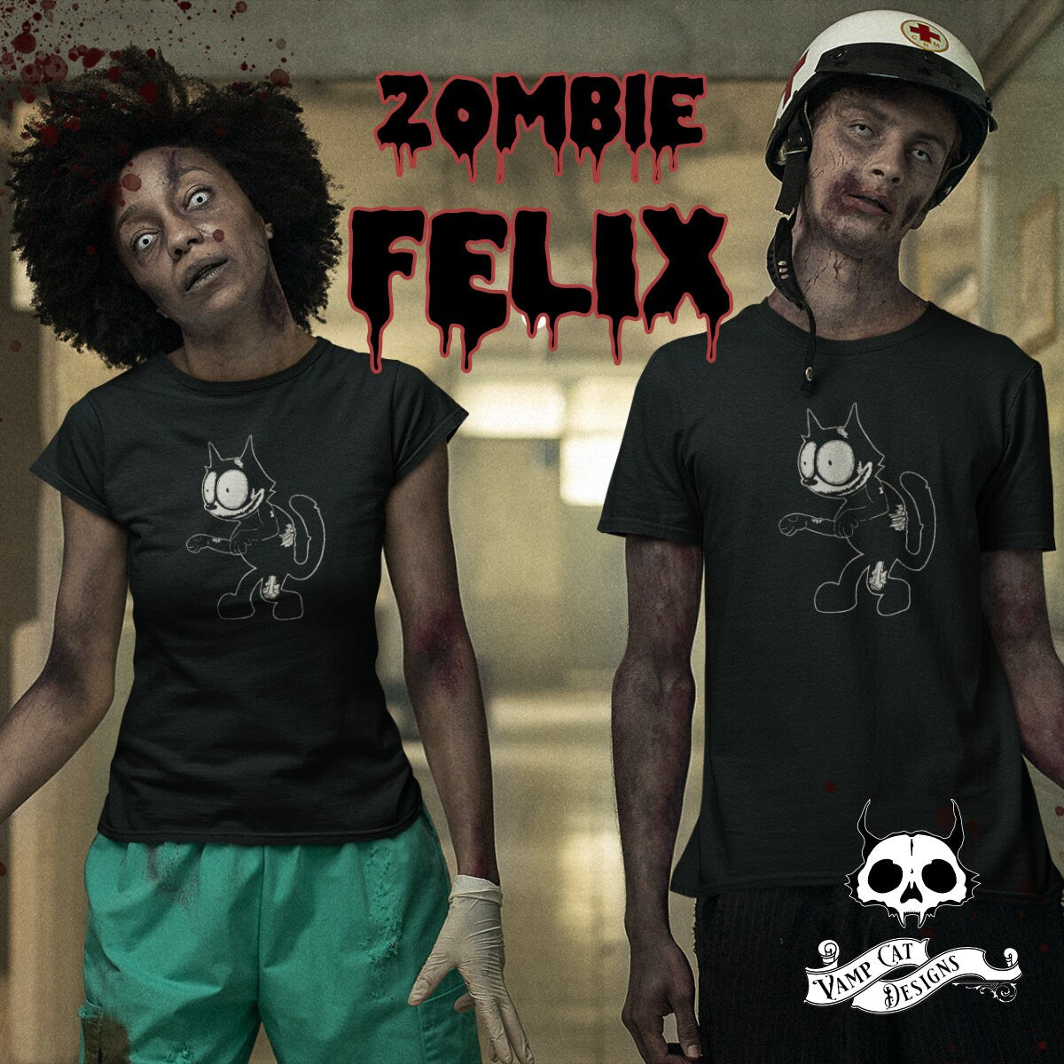 Zombie Felix-Unisex Tee-Felix The Cat Fan Art-Dark Apparel-Men and Women's Tee-Gothic Tee-Zombie Shirt-Vintage Cat-Zombie Cat