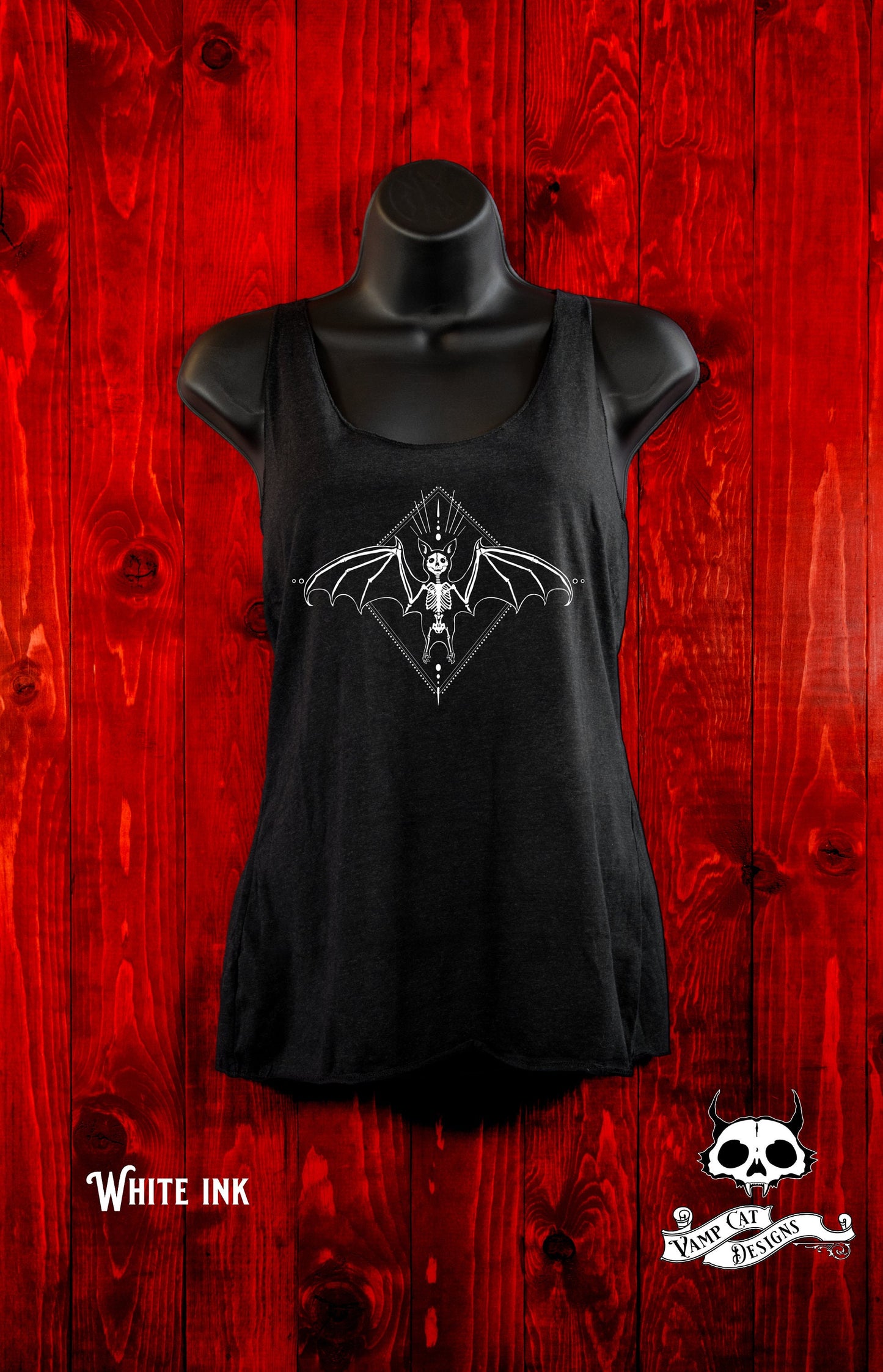 Skeleton Bat-Tank Top-Winged Creature Illustration-Halloween Tee-Witchy-Dark Apparel-Occult Tops-Women's Top-Gothic Top-Bats And Bones